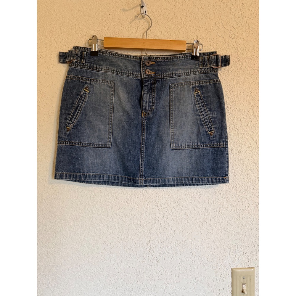 Old Navy‎ Vintage Y2K Denim Mini Skirt Blue Utility Side Buckle Pockets Womens 8